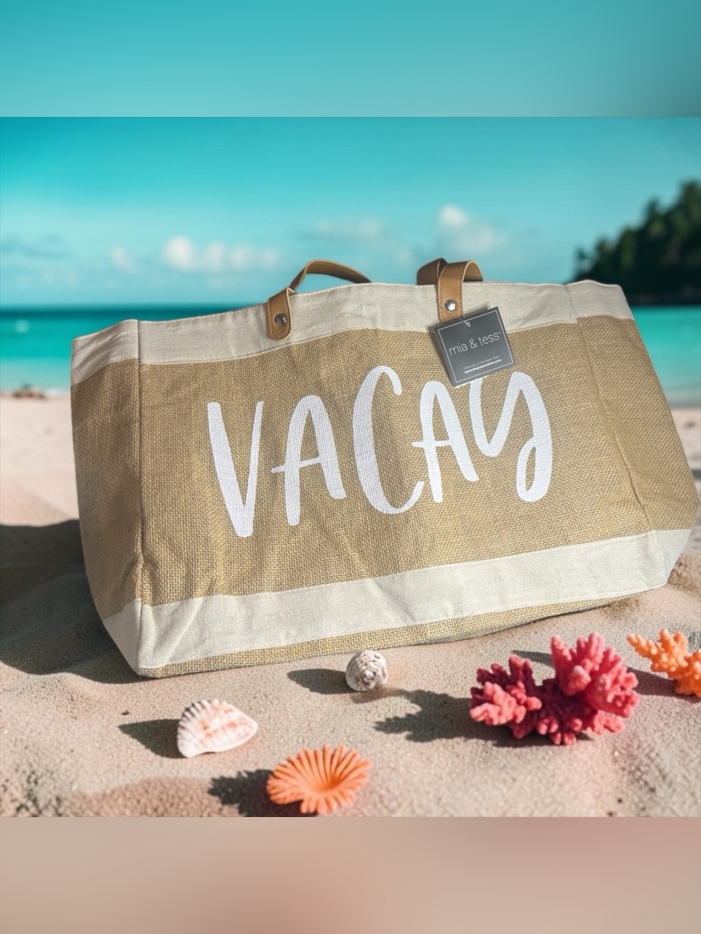🏖️MIA & TESS🏖️VACAY Beige Canvas Tote Bag with White Trim/NWT